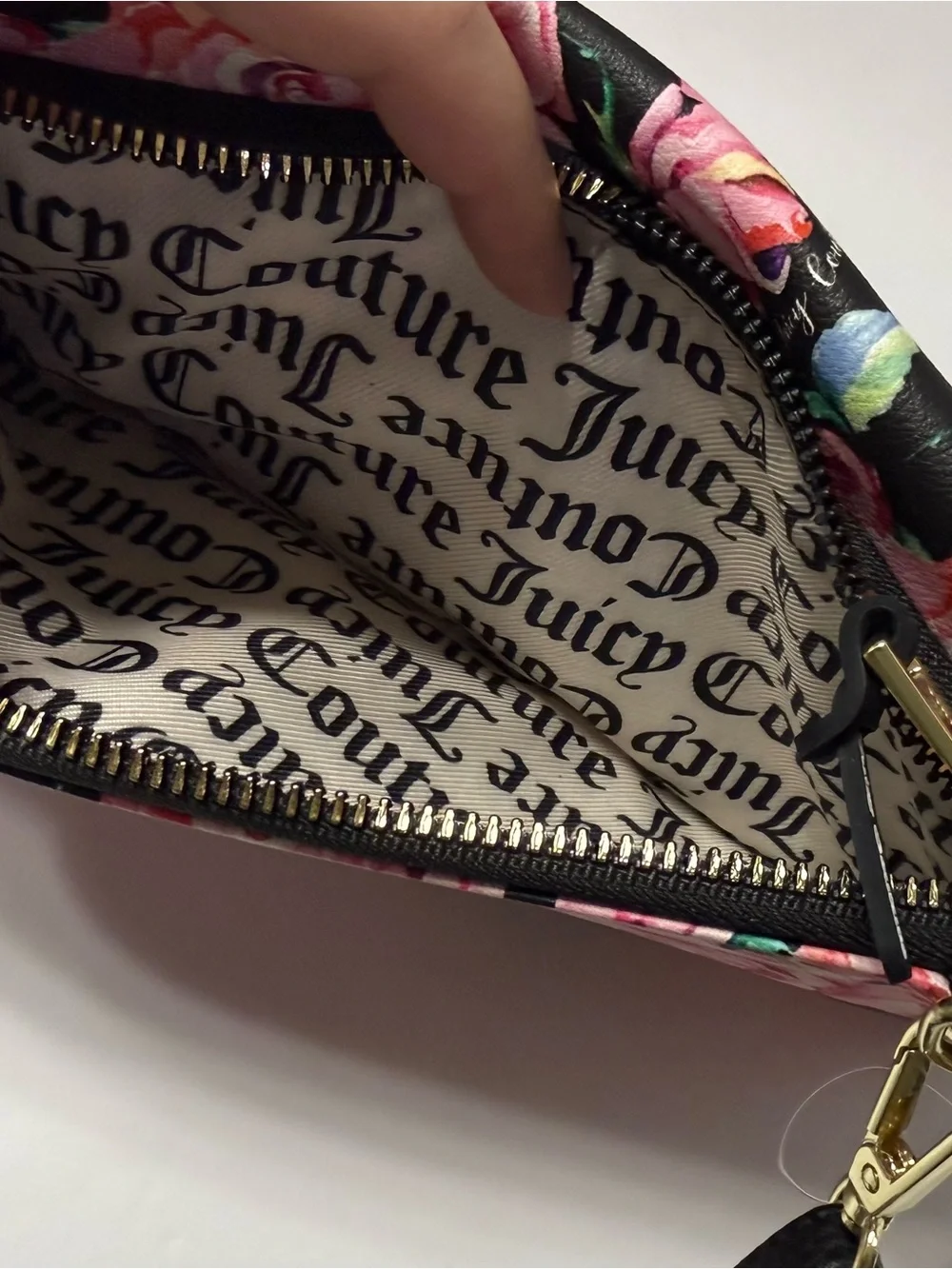 Juicy Couture Pink Rose Print Crossbody with Black Trim
